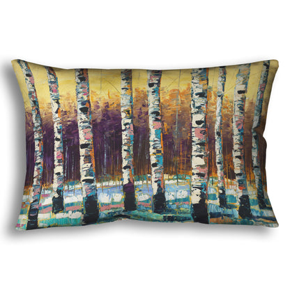A throw pillow designed with a colorful, textured painting of a birch forest on a snowy winter day.