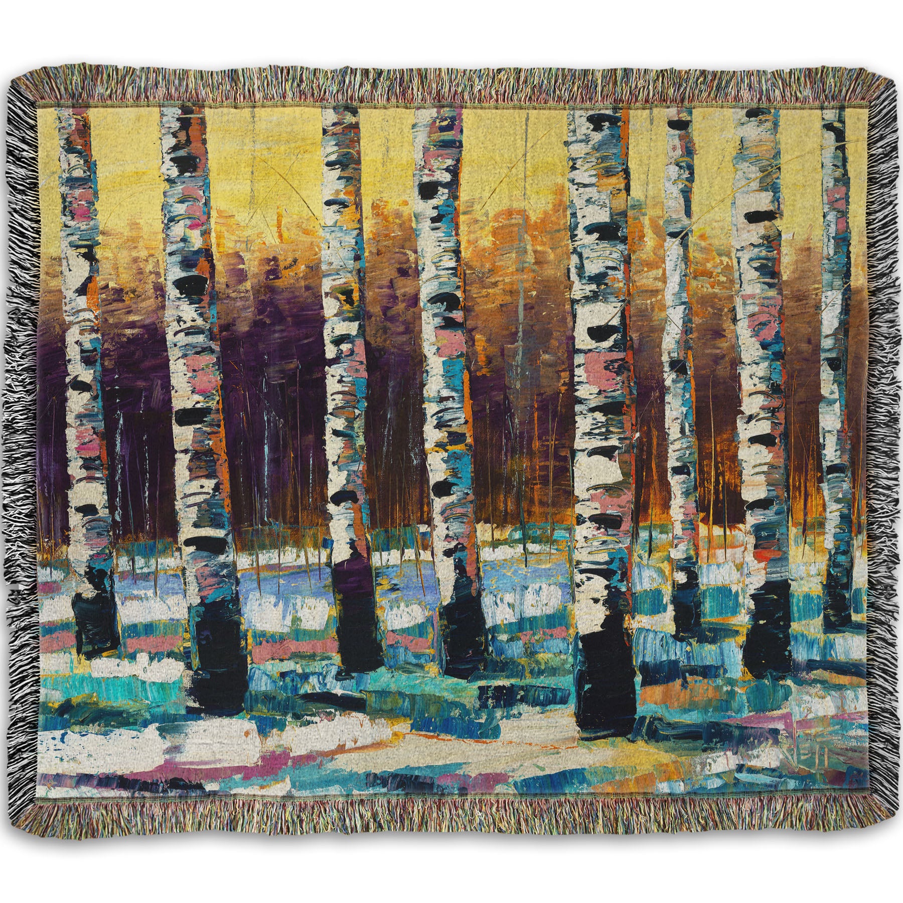 A woven throw blanket designed with a colorful, textured painting of a birch forest on a snowy winter day.