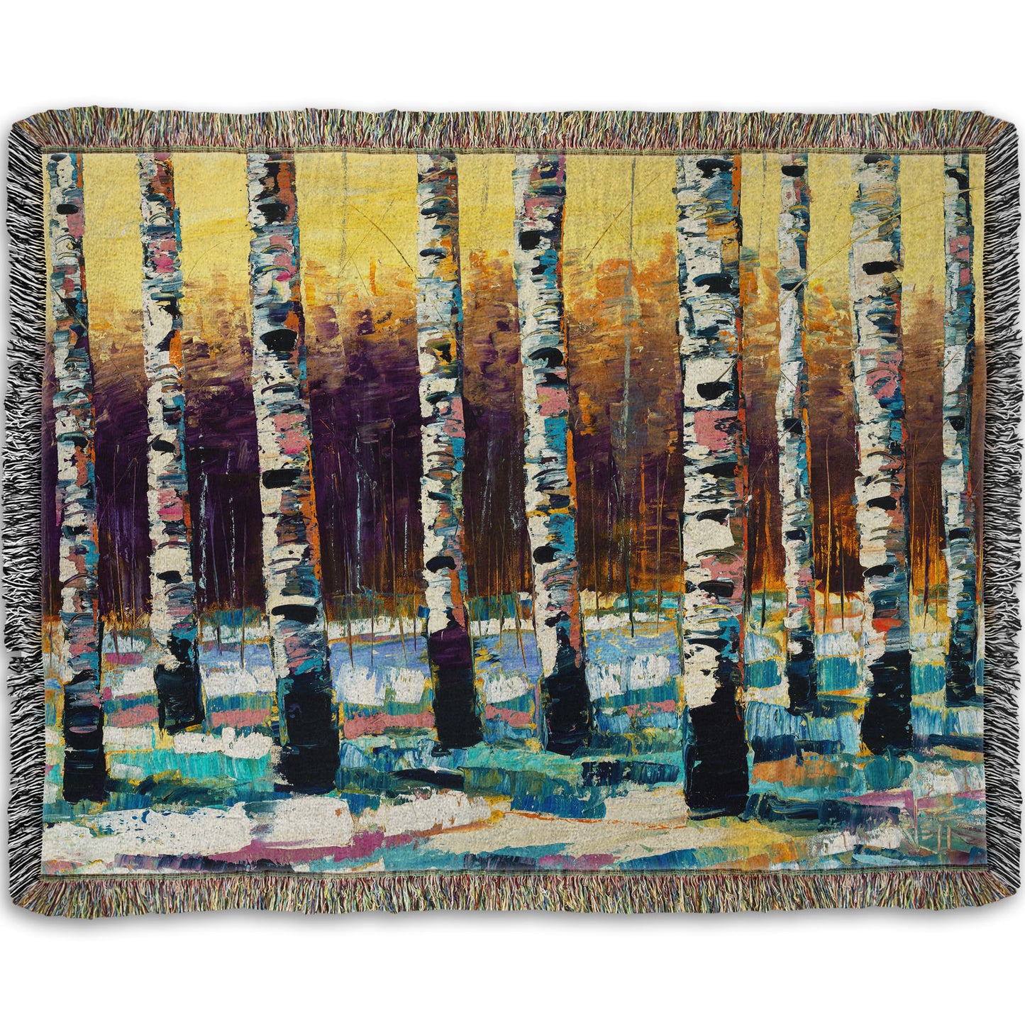 A woven throw blanket designed with a colorful, textured painting of a birch forest on a snowy winter day.