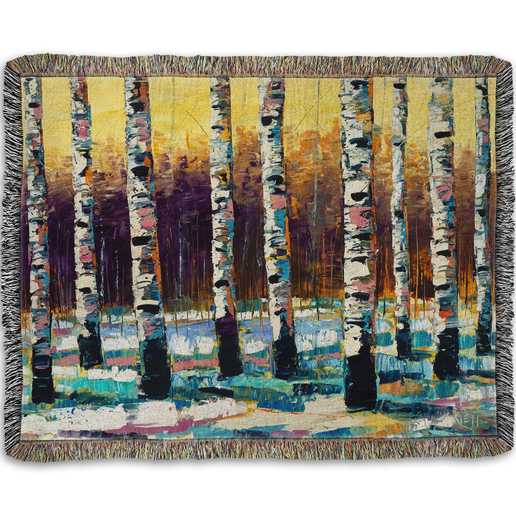 A woven throw blanket designed with a colorful, textured painting of a birch forest on a snowy winter day.