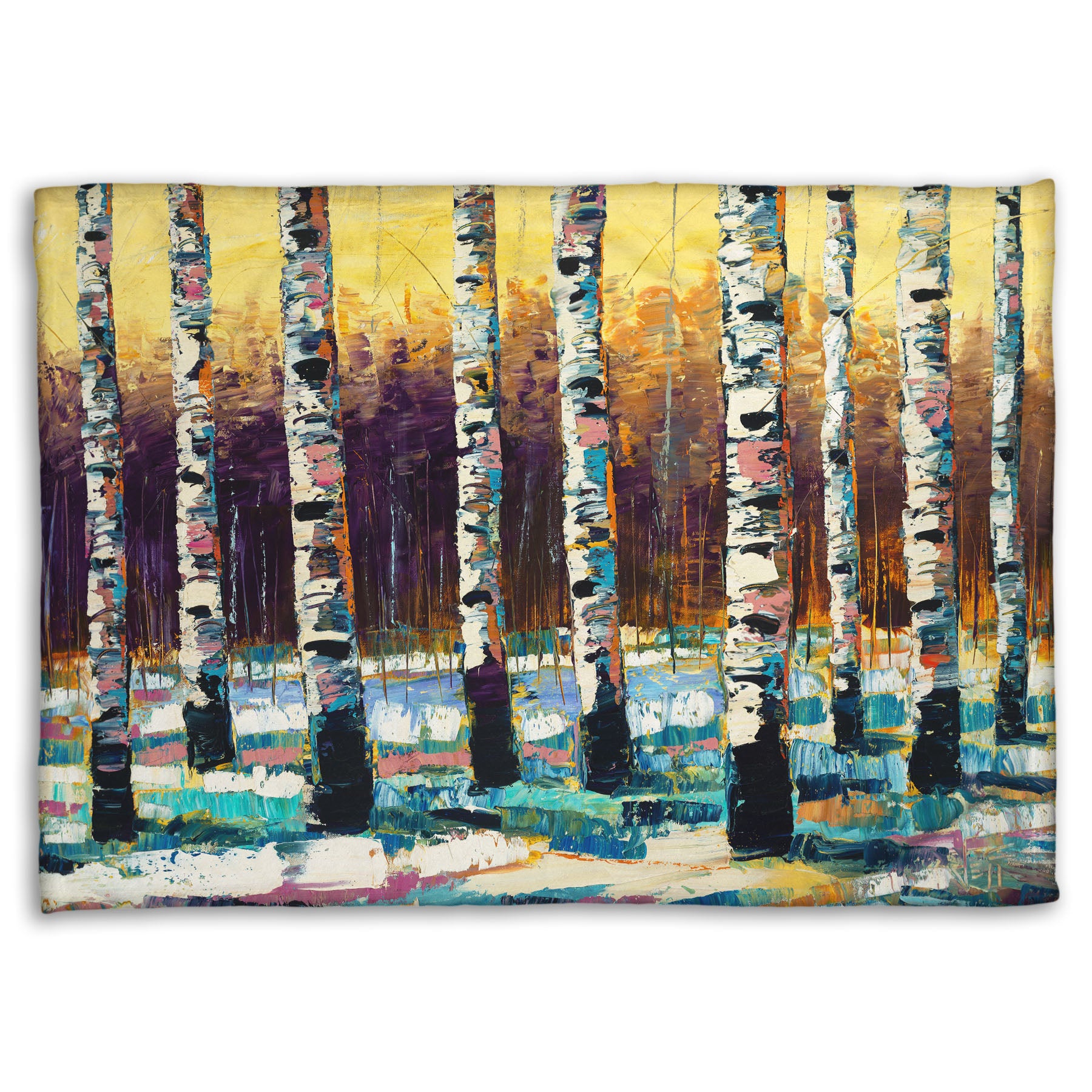 A coral fleece blanket designed with a colorful, textured painting of a birch forest on a snowy winter day.