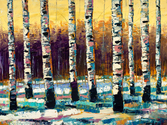 A painting of a birch forest in the winter. The ground is coated in white snow, matching the white bark of the trees, which cast blue shadows onto the snow.