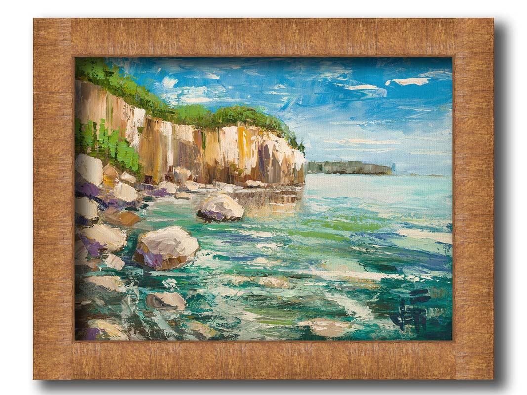 A painting of a rocky cliff overlooking clear waters on a sunny day. A vibrant green forest is growing on top of the cliffs. The teal water splashes against rocks on the shore. Printed on canvas and framed.