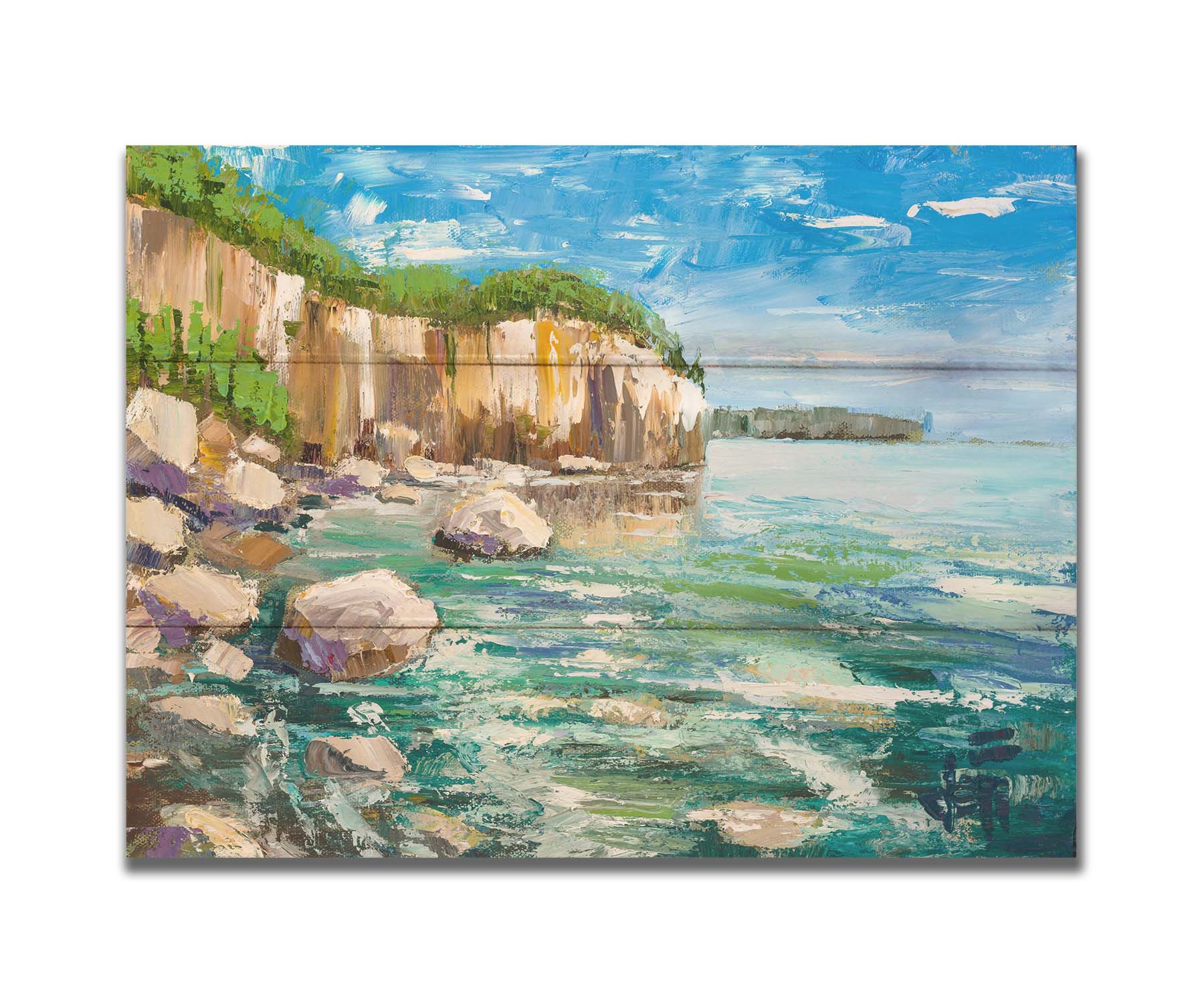 A painting of a rocky cliff overlooking clear waters on a sunny day. A vibrant green forest is growing on top of the cliffs. The teal water splashes against rocks on the shore. Printed on a box board.