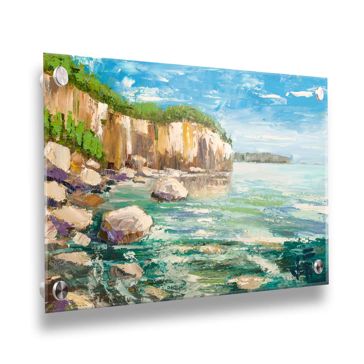 A painting of a rocky cliff overlooking clear waters on a sunny day. A vibrant green forest is growing on top of the cliffs. The teal water splashes against rocks on the shore. Printed on acrylic.