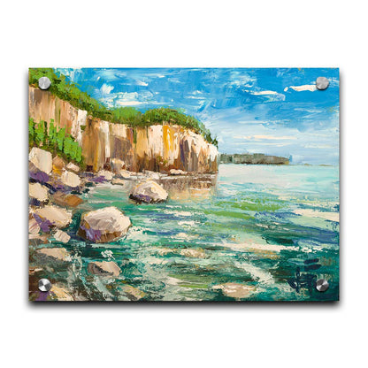 A painting of a rocky cliff overlooking clear waters on a sunny day. A vibrant green forest is growing on top of the cliffs. The teal water splashes against rocks on the shore. Printed on acrylic.