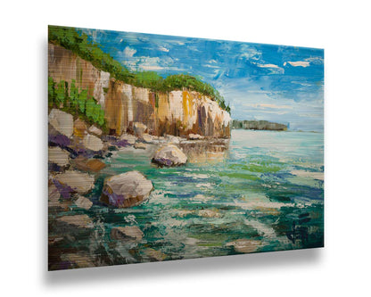 A painting of a rocky cliff overlooking clear waters on a sunny day. A vibrant green forest is growing on top of the cliffs. The teal water splashes against rocks on the shore. Printed on metal.