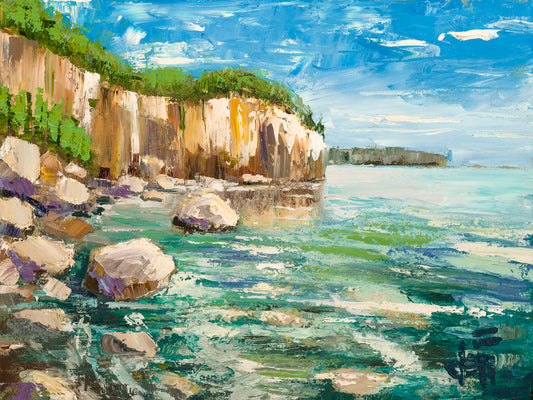 A painting of a rocky cliff overlooking clear waters on a sunny day. A vibrant green forest is growing on top of the cliffs. The teal water splashes against rocks on the shore. 