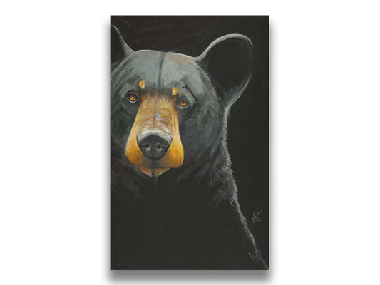 A painting of a black bear against a dark background, created with high attention to the details of the subject. Printed on canvas.