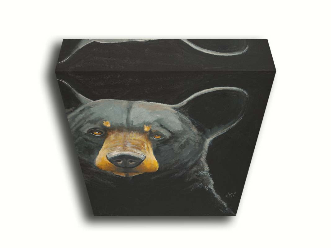 A painting of a black bear against a dark background, created with high attention to the details of the subject. Printed on canvas.