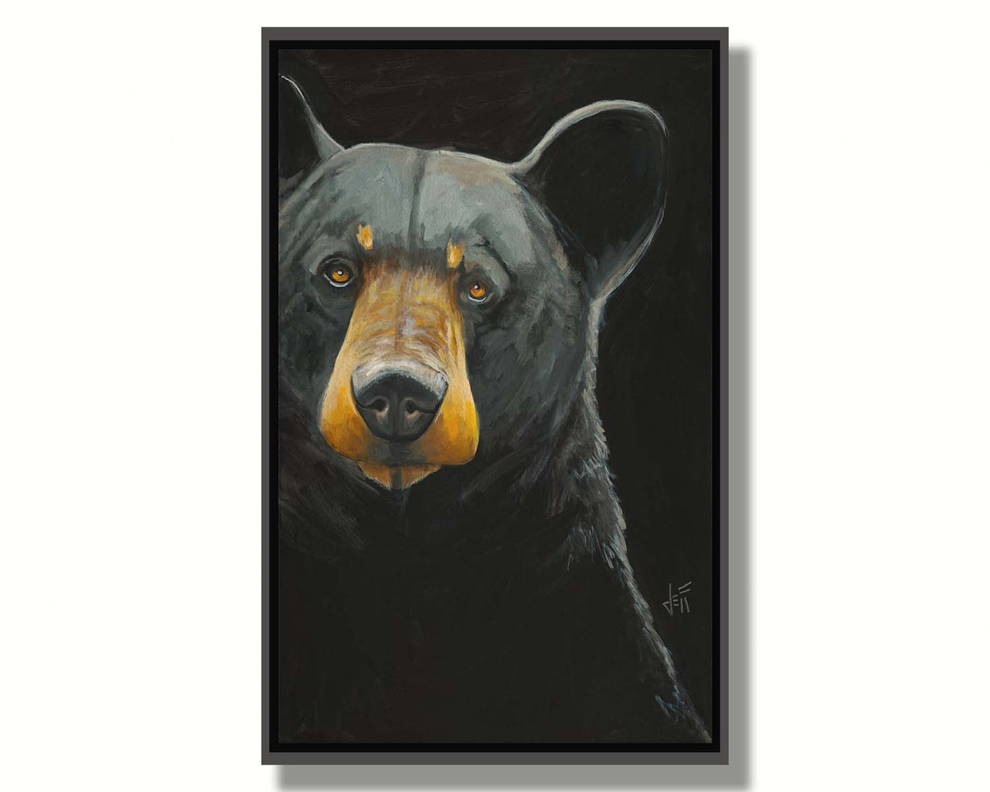 A painting of a black bear against a dark background, created with high attention to the details of the subject. Printed on canvas in a float frame.