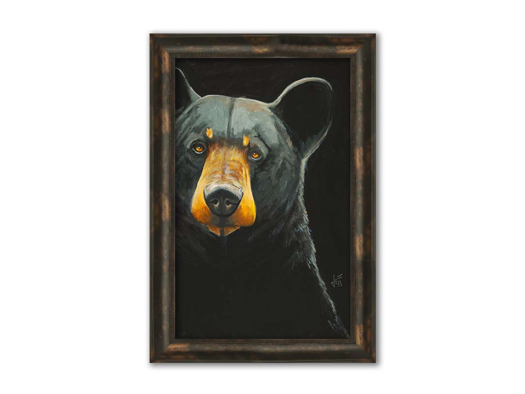 A painting of a black bear against a dark background, created with high attention to the details of the subject. Printed on canvas and framed.