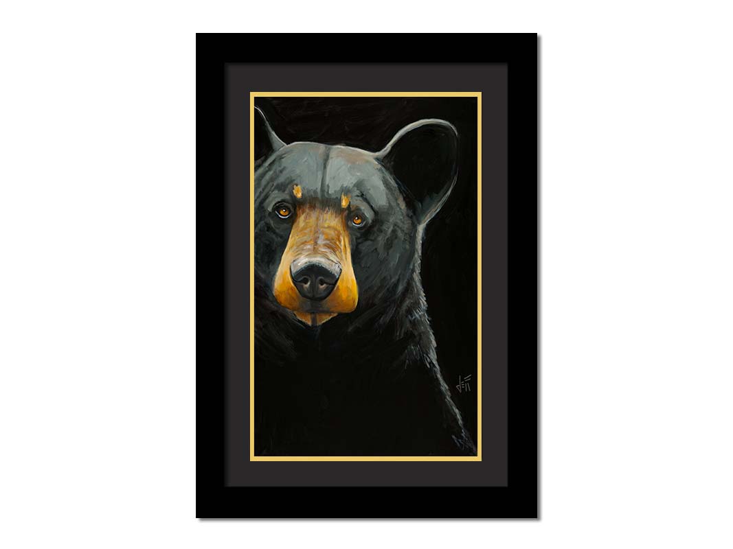 A painting of a black bear against a dark background, created with high attention to the details of the subject. Printed on paper, matted, and framed.