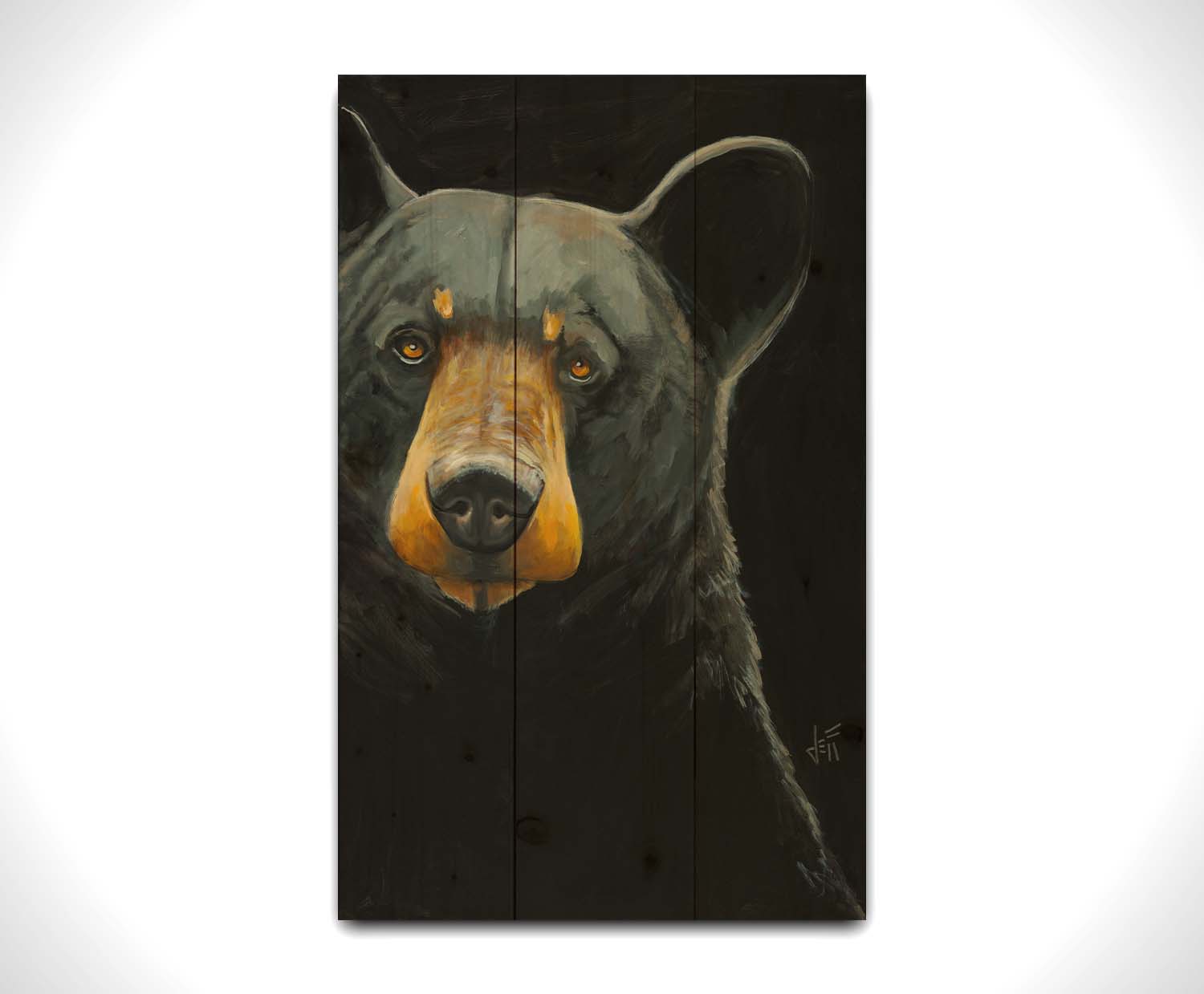 A painting of a black bear against a dark background, created with high attention to the details of the subject. Printed on a wood pallet.