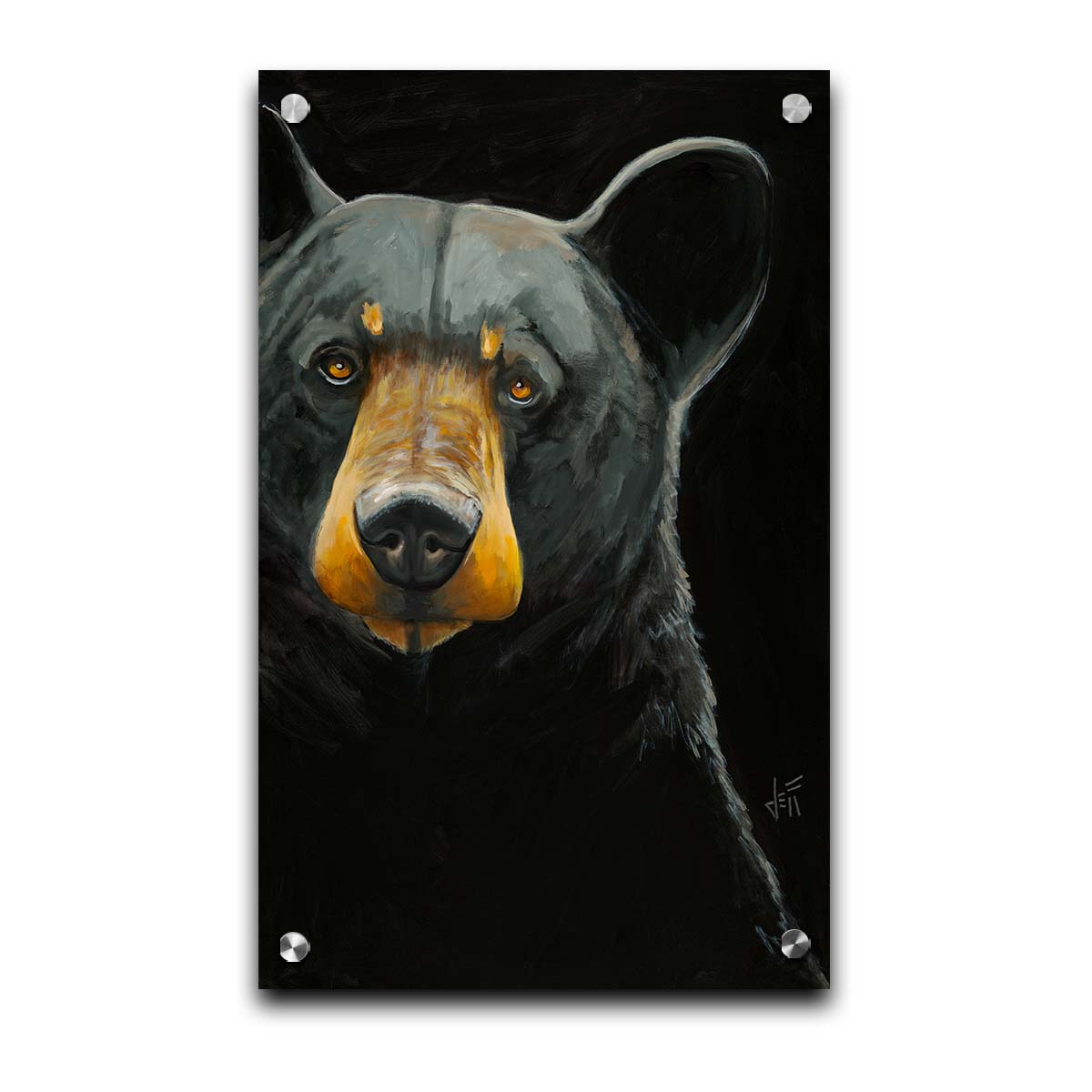 A painting of a black bear against a dark background, created with high attention to the details of the subject. Printed on acrylic.