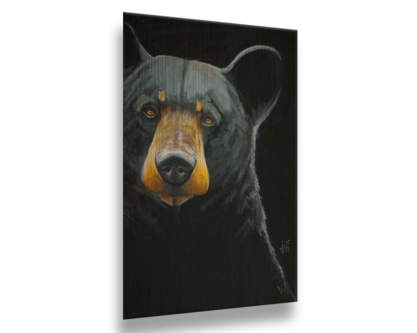 A painting of a black bear against a dark background, created with high attention to the details of the subject. Printed on metal.