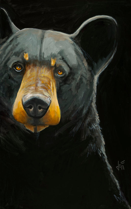 A painting of a black bear against a dark background, created with high attention to the details of the subject.