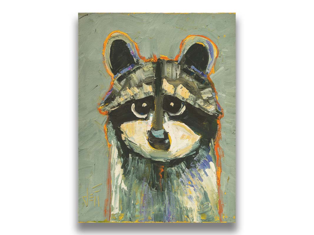 A painting of a raccoon, simplified in a style emphasizing shape and color. It is textured using broken color techniques with visible brushstrokes, as well as blue and orange accents to the gray animal. Printed on canvas.