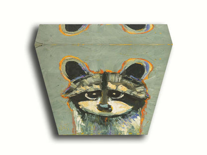 A painting of a raccoon, simplified in a style emphasizing shape and color. It is textured using broken color techniques with visible brushstrokes, as well as blue and orange accents to the gray animal. Printed on canvas.