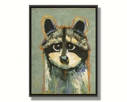 A painting of a raccoon, simplified in a style emphasizing shape and color. It is textured using broken color techniques with visible brushstrokes, as well as blue and orange accents to the gray animal. Printed on canvas in a float frame.