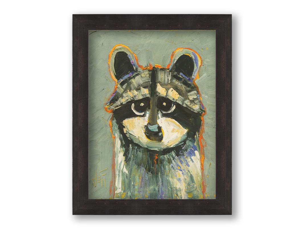 A painting of a raccoon, simplified in a style emphasizing shape and color. It is textured using broken color techniques with visible brushstrokes, as well as blue and orange accents to the gray animal. Printed on canvas and framed.