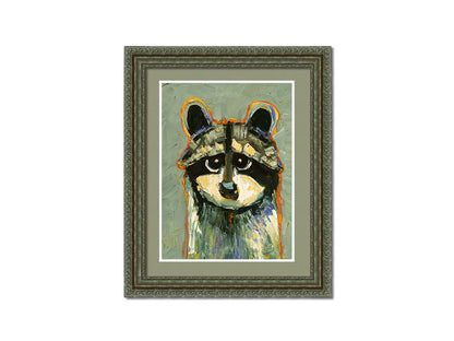 A painting of a raccoon, simplified in a style emphasizing shape and color. It is textured using broken color techniques with visible brushstrokes, as well as blue and orange accents to the gray animal. Printed on paper, matted, and framed.