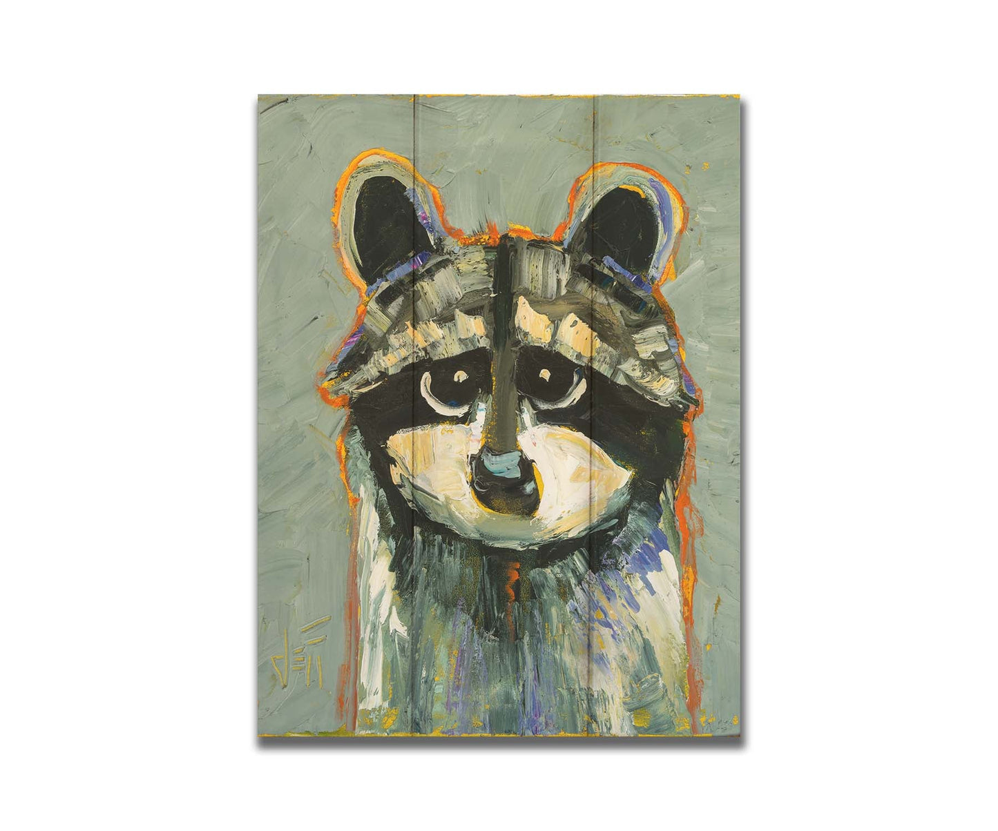 A painting of a raccoon, simplified in a style emphasizing shape and color. It is textured using broken color techniques with visible brushstrokes, as well as blue and orange accents to the gray animal. Printed on a box board.