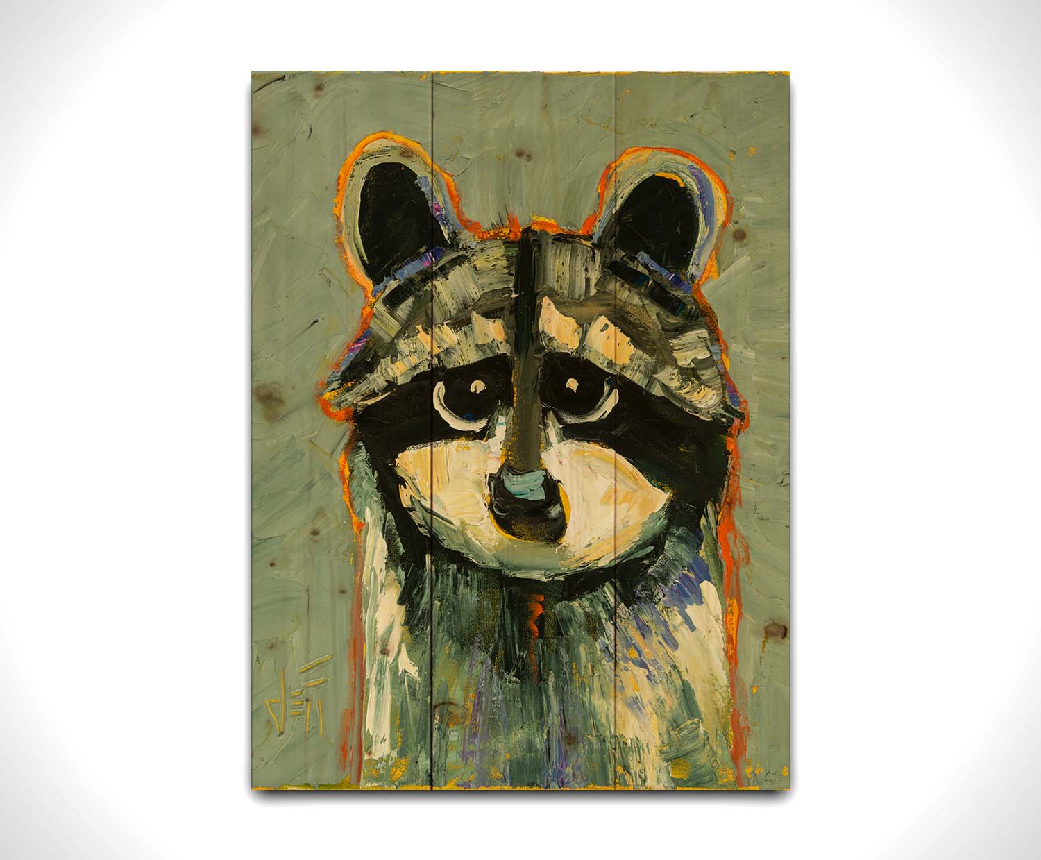 A painting of a raccoon, simplified in a style emphasizing shape and color. It is textured using broken color techniques with visible brushstrokes, as well as blue and orange accents to the gray animal. Printed on a wood pallet.