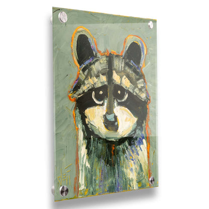 A painting of a raccoon, simplified in a style emphasizing shape and color. It is textured using broken color techniques with visible brushstrokes, as well as blue and orange accents to the gray animal. Printed on acrylic.