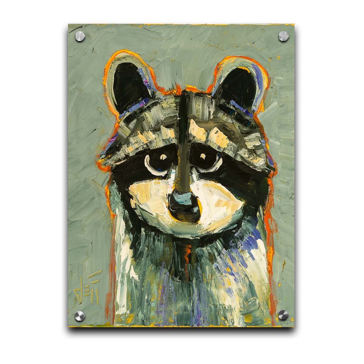 A painting of a raccoon, simplified in a style emphasizing shape and color. It is textured using broken color techniques with visible brushstrokes, as well as blue and orange accents to the gray animal. Printed on acrylic.