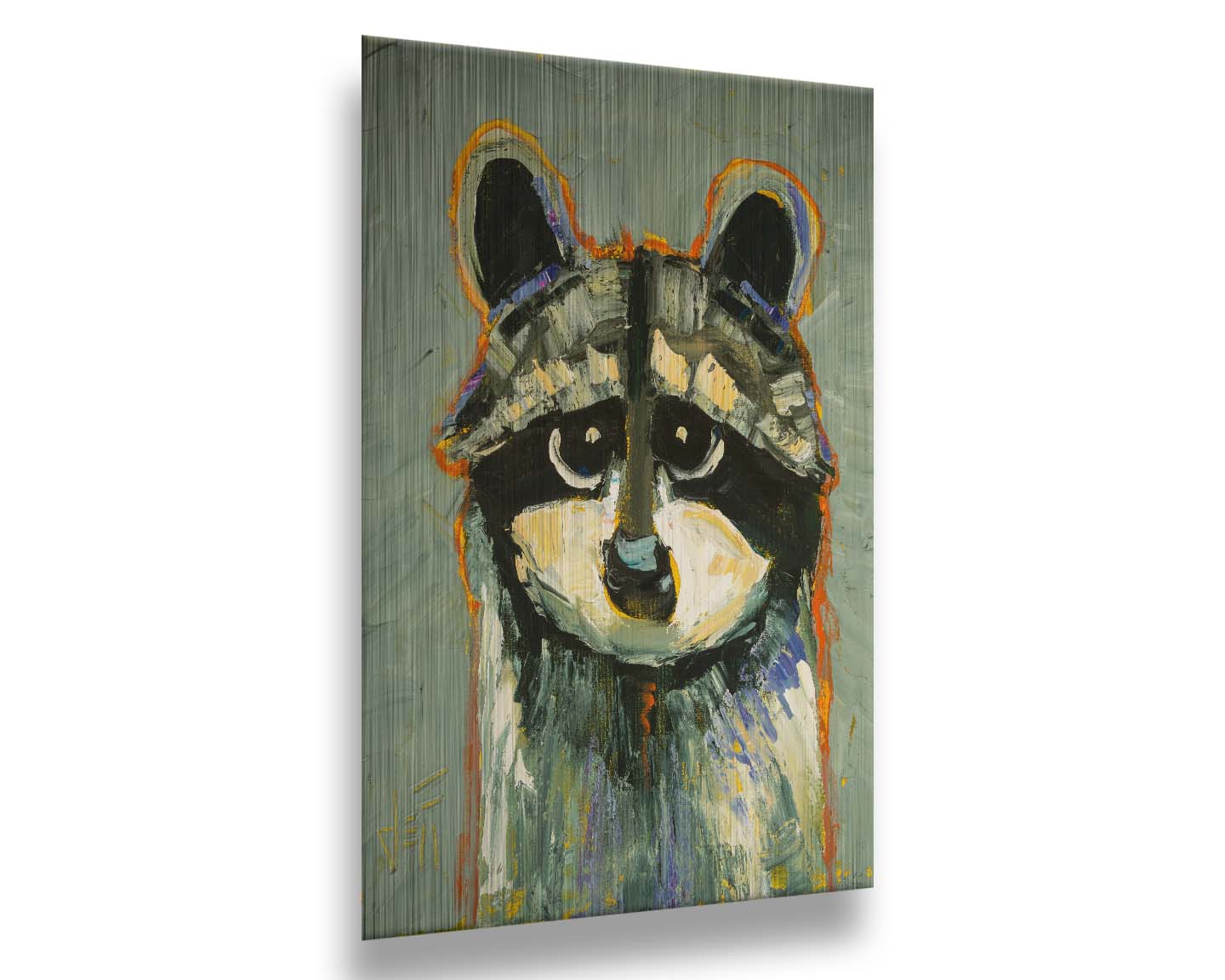 A painting of a raccoon, simplified in a style emphasizing shape and color. It is textured using broken color techniques with visible brushstrokes, as well as blue and orange accents to the gray animal. Printed on metal.