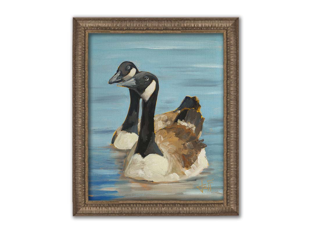 A painting of two Canadian geese swimming across smooth blue water. Printed on canvas and framed.