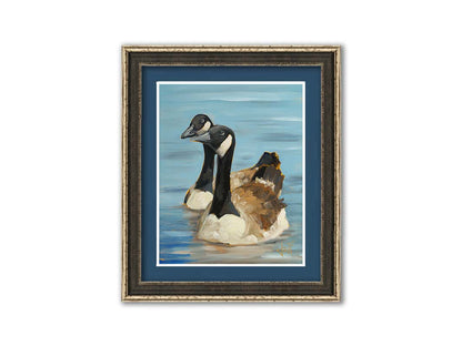 A painting of two Canadian geese swimming across smooth blue water. Printed on paper, matted, and framed.