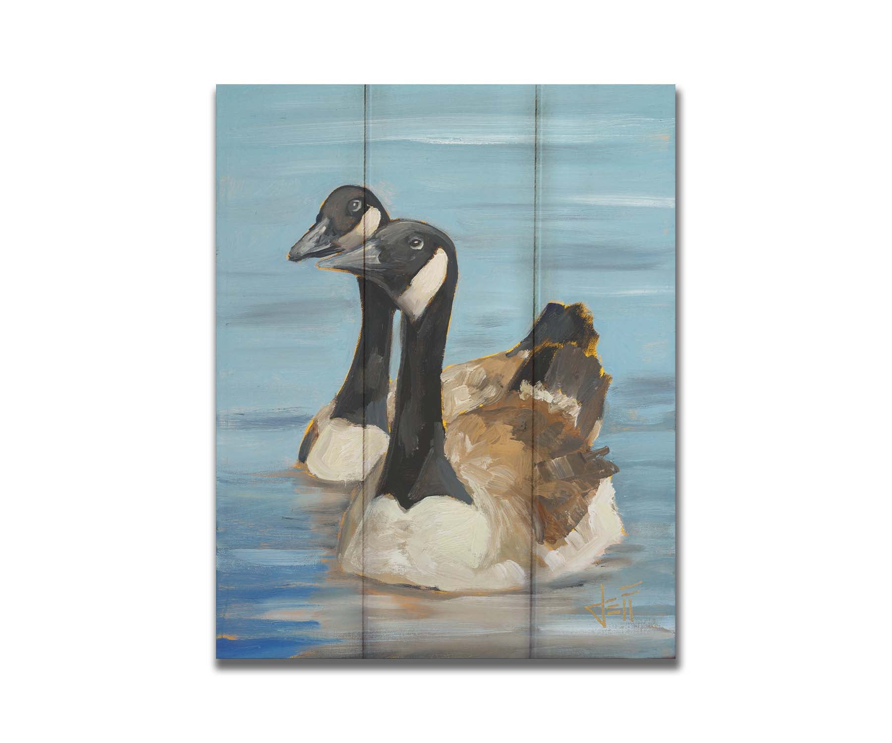 A painting of two Canadian geese swimming across smooth blue water. Printed on a box board.