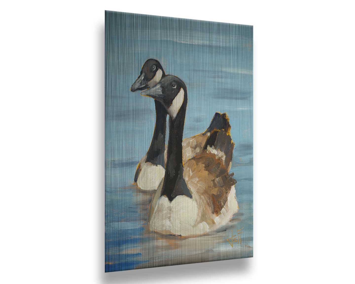 A painting of two Canadian geese swimming across smooth blue water. Printed on metal.