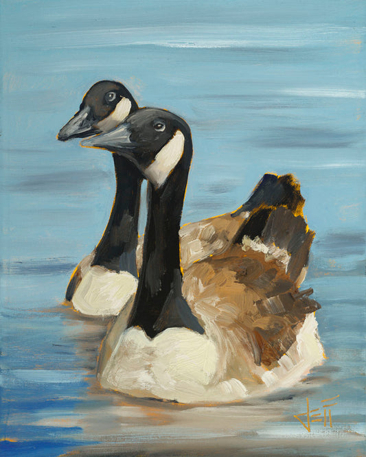 A painting of two Canadian geese swimming across smooth blue water. 