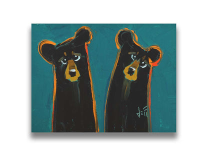 A painting of two black bears, abstracted into simplified shapes. They are outlined in bright orange, which contrasts the blue background. Printed on canvas.