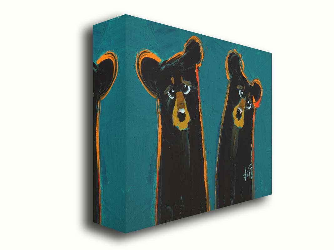 A painting of two black bears, abstracted into simplified shapes. They are outlined in bright orange, which contrasts the blue background. Printed on canvas.