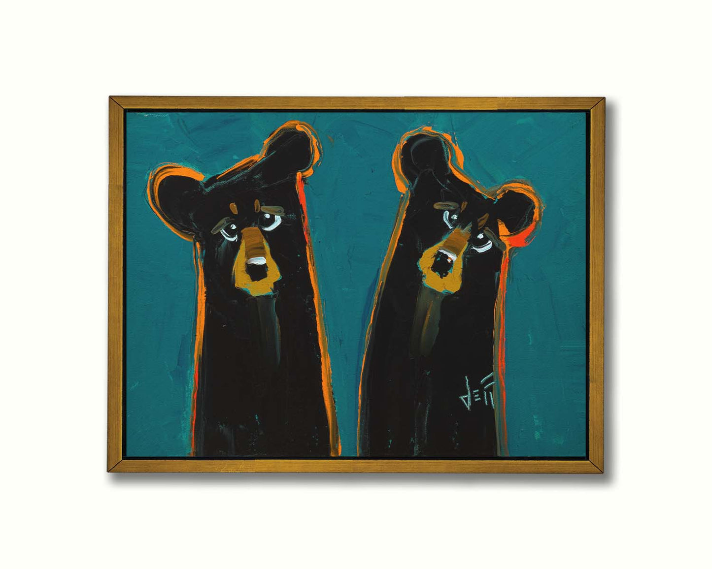 A painting of two black bears, abstracted into simplified shapes. They are outlined in bright orange, which contrasts the blue background. Printed on canvas in a float frame.