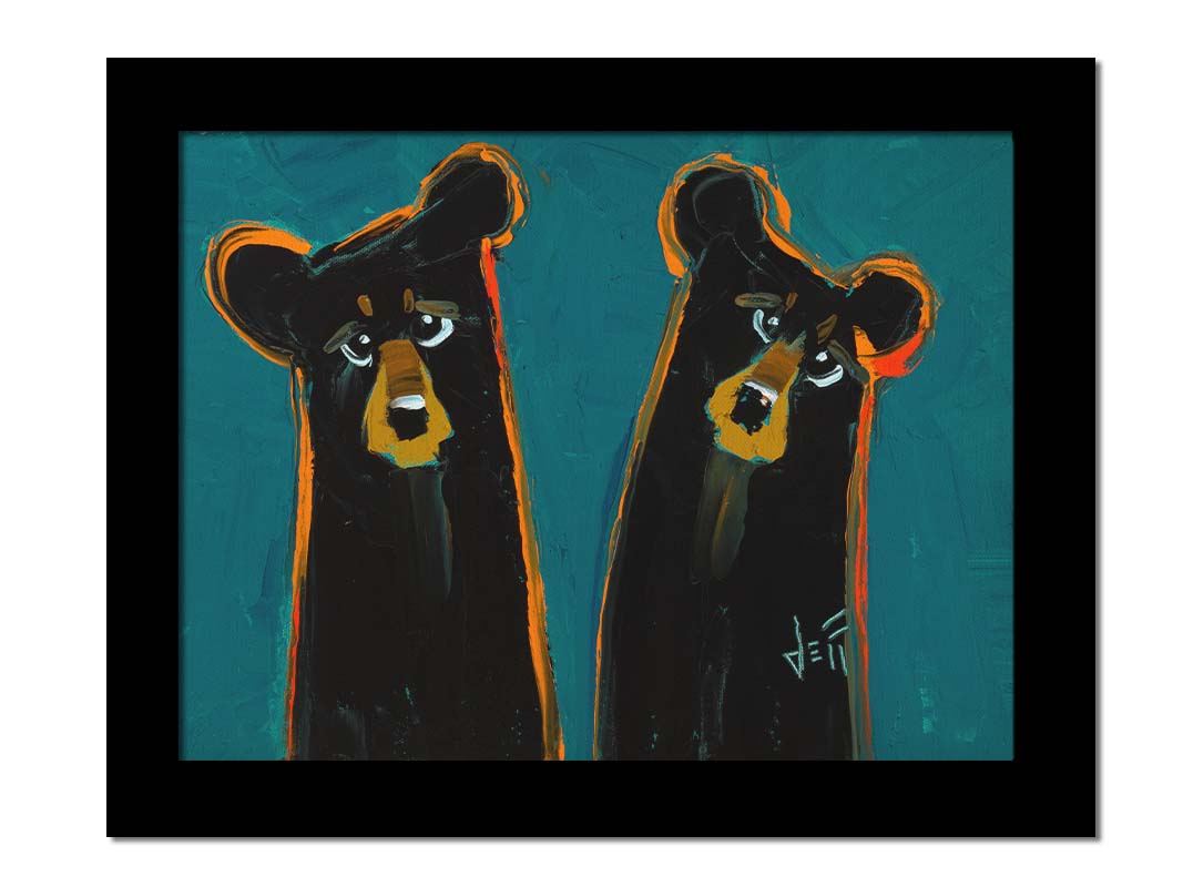 A painting of two black bears, abstracted into simplified shapes. They are outlined in bright orange, which contrasts the blue background. Printed on canvas and framed.