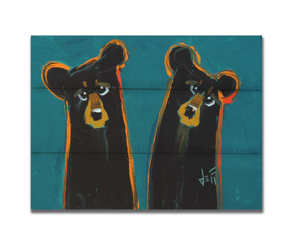 A painting of two black bears, abstracted into simplified shapes. They are outlined in bright orange, which contrasts the blue background. Printed on a box board.