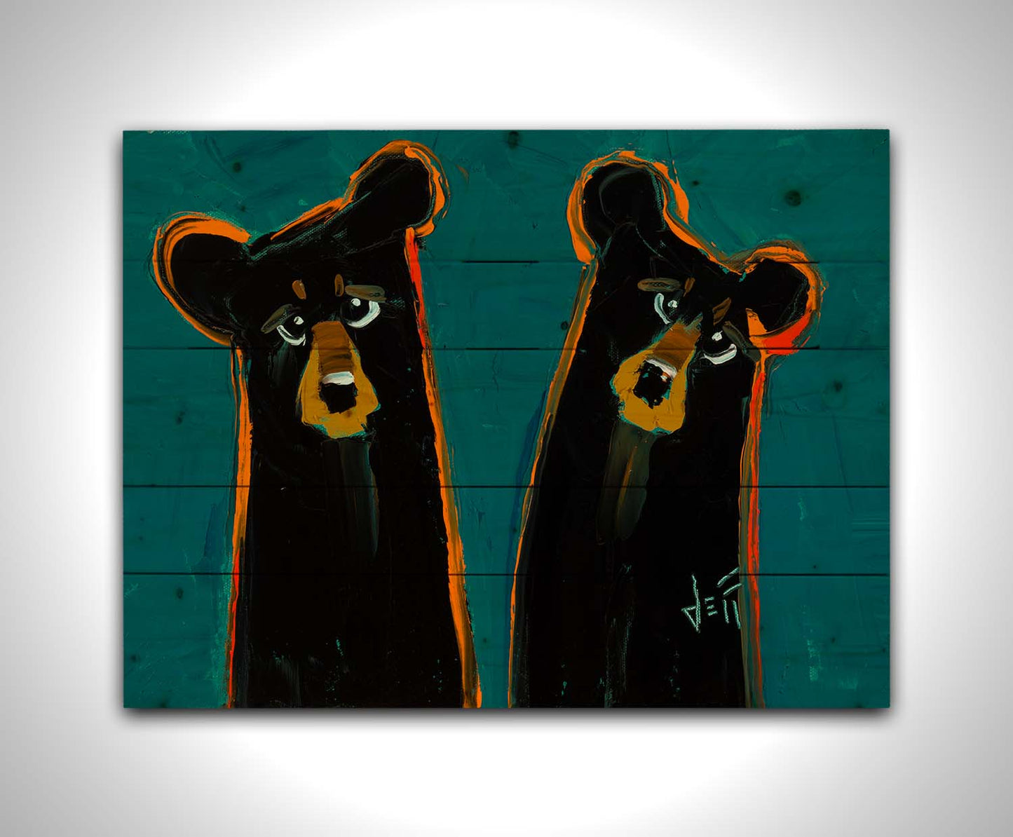 A painting of two black bears, abstracted into simplified shapes. They are outlined in bright orange, which contrasts the blue background. Printed on a wood pallet.