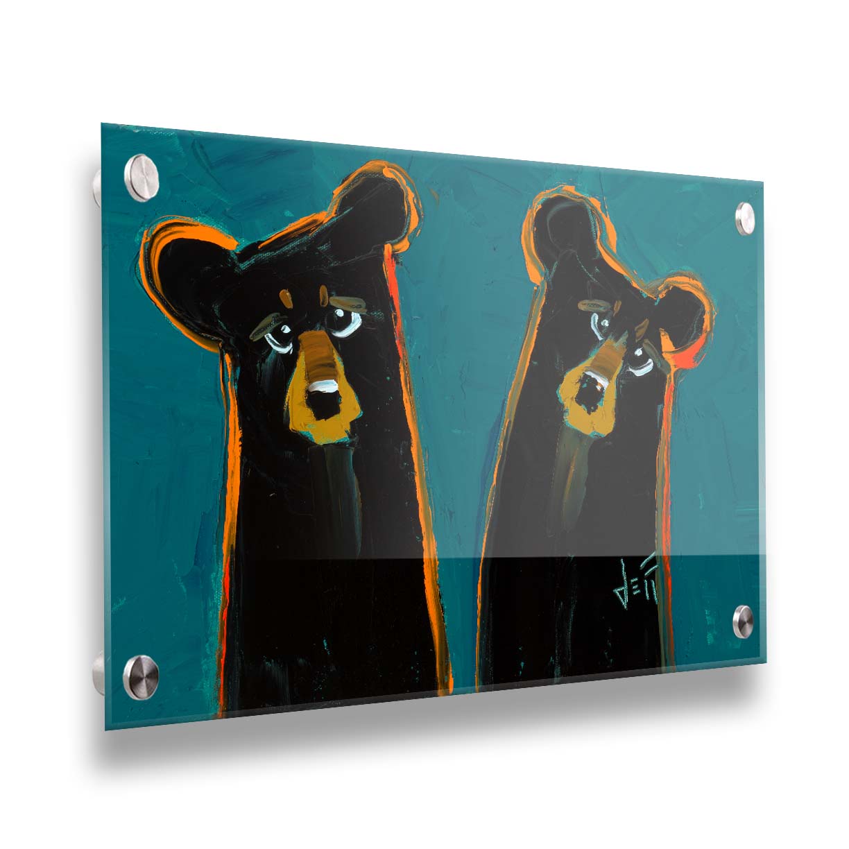 A painting of two black bears, abstracted into simplified shapes. They are outlined in bright orange, which contrasts the blue background. Printed on acrylic.