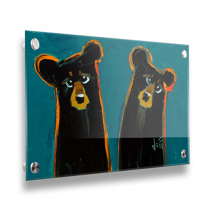 A painting of two black bears, abstracted into simplified shapes. They are outlined in bright orange, which contrasts the blue background. Printed on acrylic.