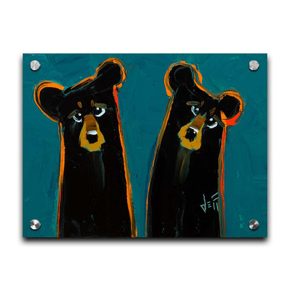 A painting of two black bears, abstracted into simplified shapes. They are outlined in bright orange, which contrasts the blue background. Printed on acrylic.