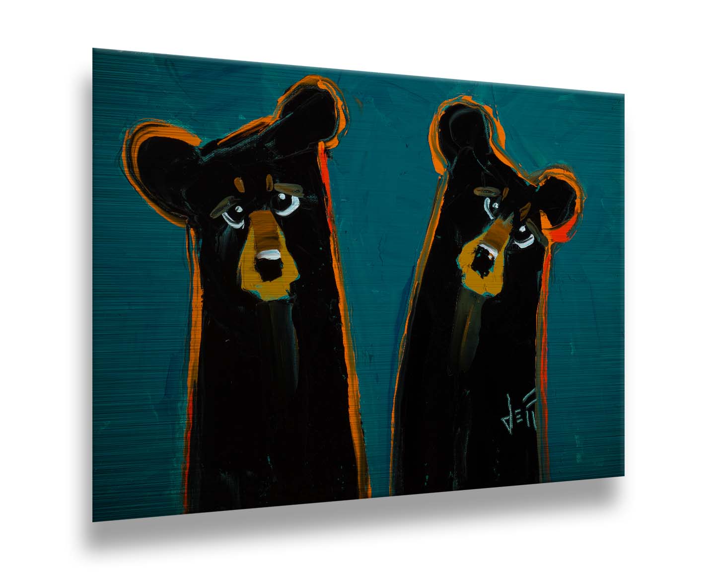 A painting of two black bears, abstracted into simplified shapes. They are outlined in bright orange, which contrasts the blue background. Printed on metal.