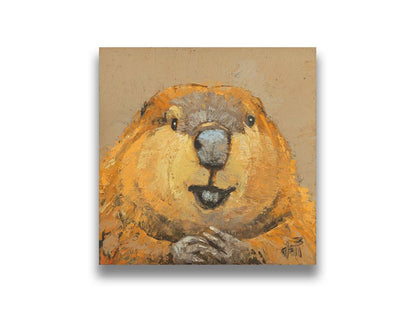 A closeup portrait of a beaver, painted in golden browns with deep textures. Printed on canvas.