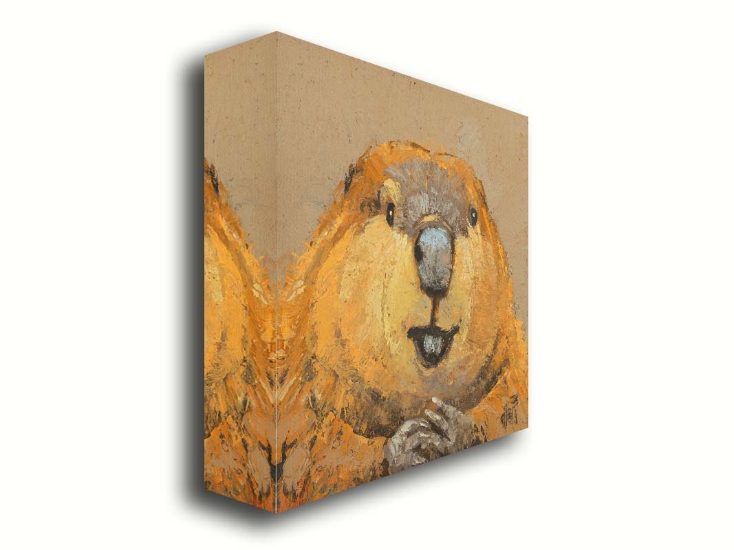 A closeup portrait of a beaver, painted in golden browns with deep textures. Printed on canvas.