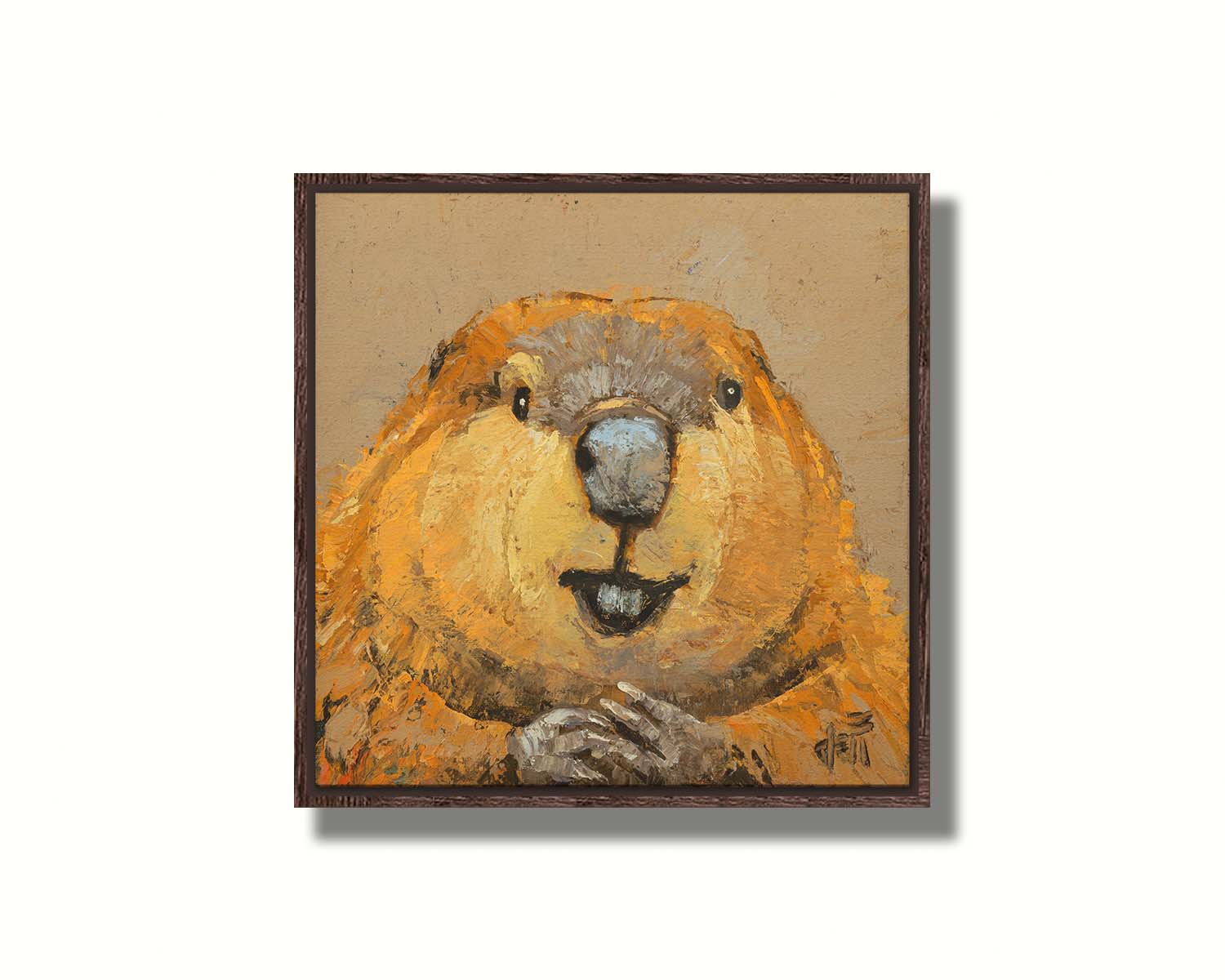 A closeup portrait of a beaver, painted in golden browns with deep textures. Printed on canvas in a float frame.