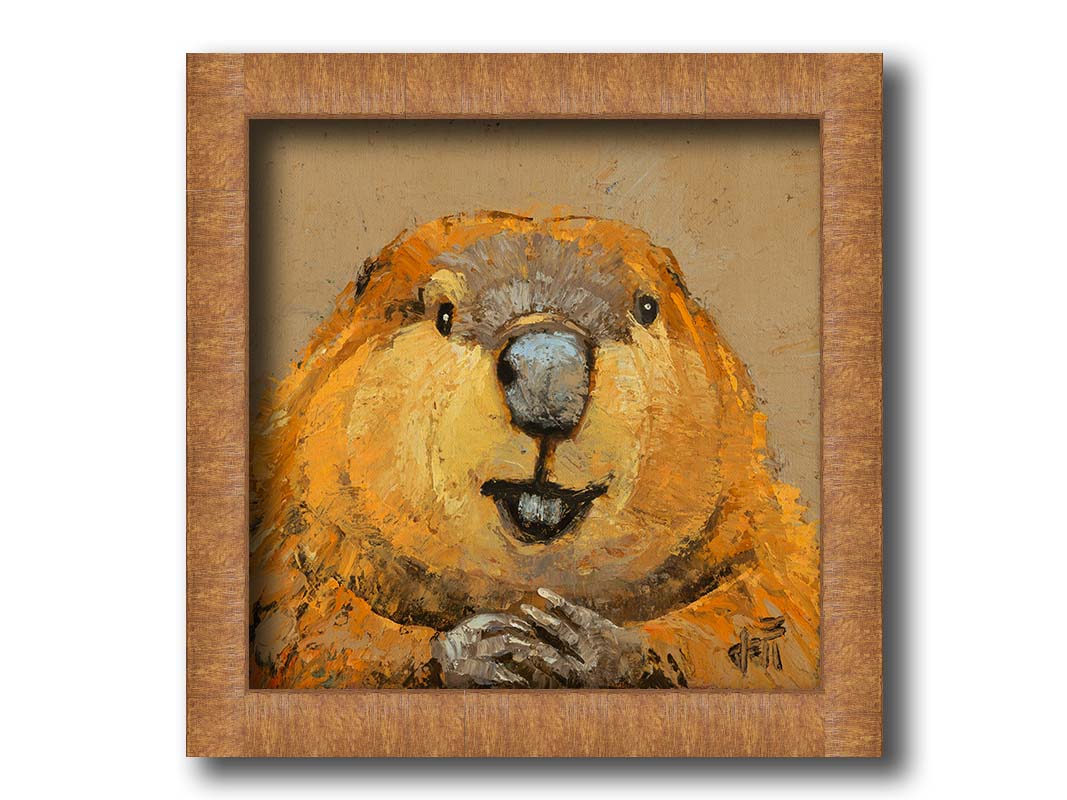 A closeup portrait of a beaver, painted in golden browns with deep textures. Printed on canvas and framed.